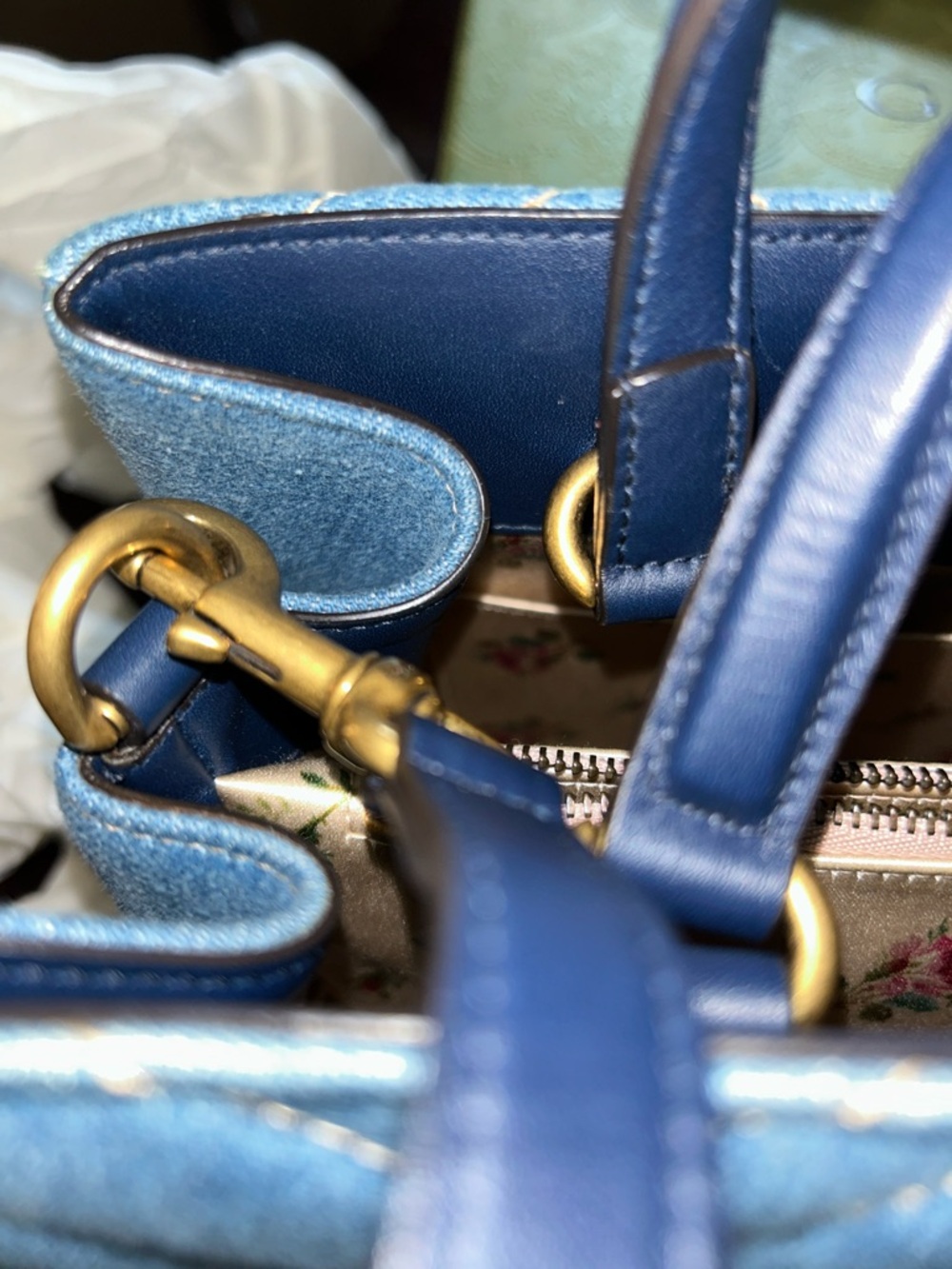 Gucci Light Blue Denim Top Handle Satchel with Pearl GG - Picture 7 of 8